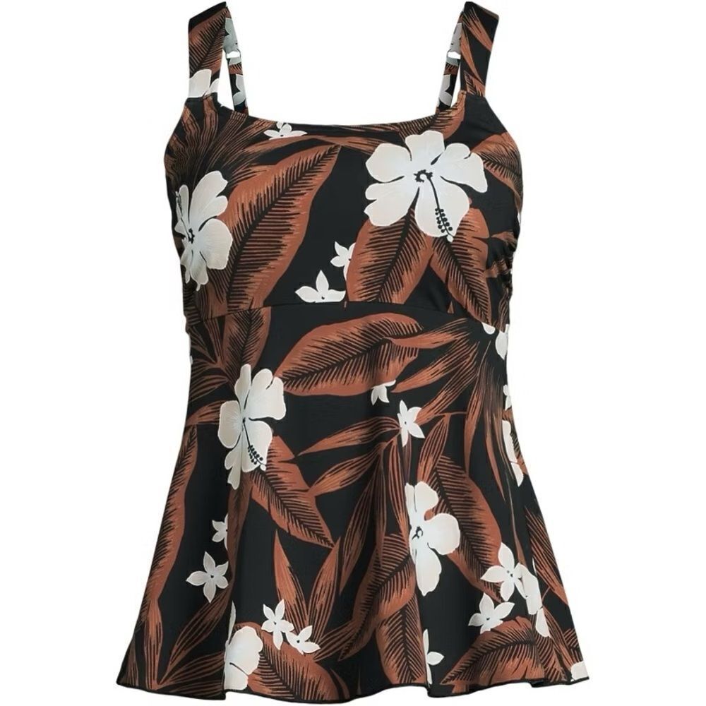 Land’s End Plus Size Flutter soft cup shoulder strap Tankini Black Floral Med